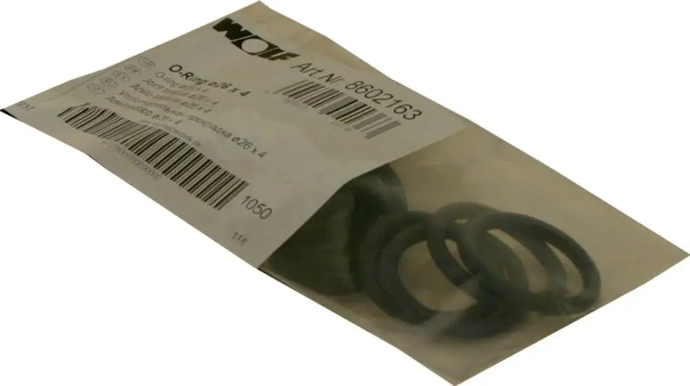 Packung mit mehreren schwarzen O-Ringen, verpackt in einem transparenten Beutel. Auf dem Beutel ist die Marke Wolf sowie Artikelinformationen und ein Barcode zu sehen.
